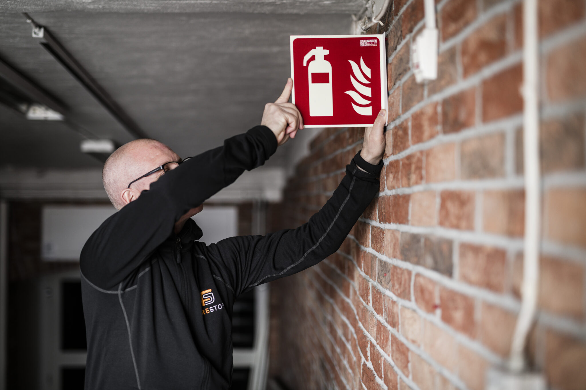 Thomas på företaget FireStop sätter upp en skylt för handbrandsläckare i samband med systematiskt brandskyddsarbete.